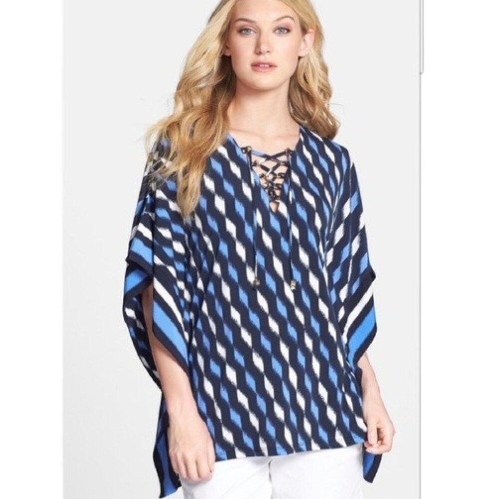 MICHAEL KORS Blue White & Black Lace-Up V Neck Border Print Tunic ( SMALL ) NWT - Picture 1 of 6